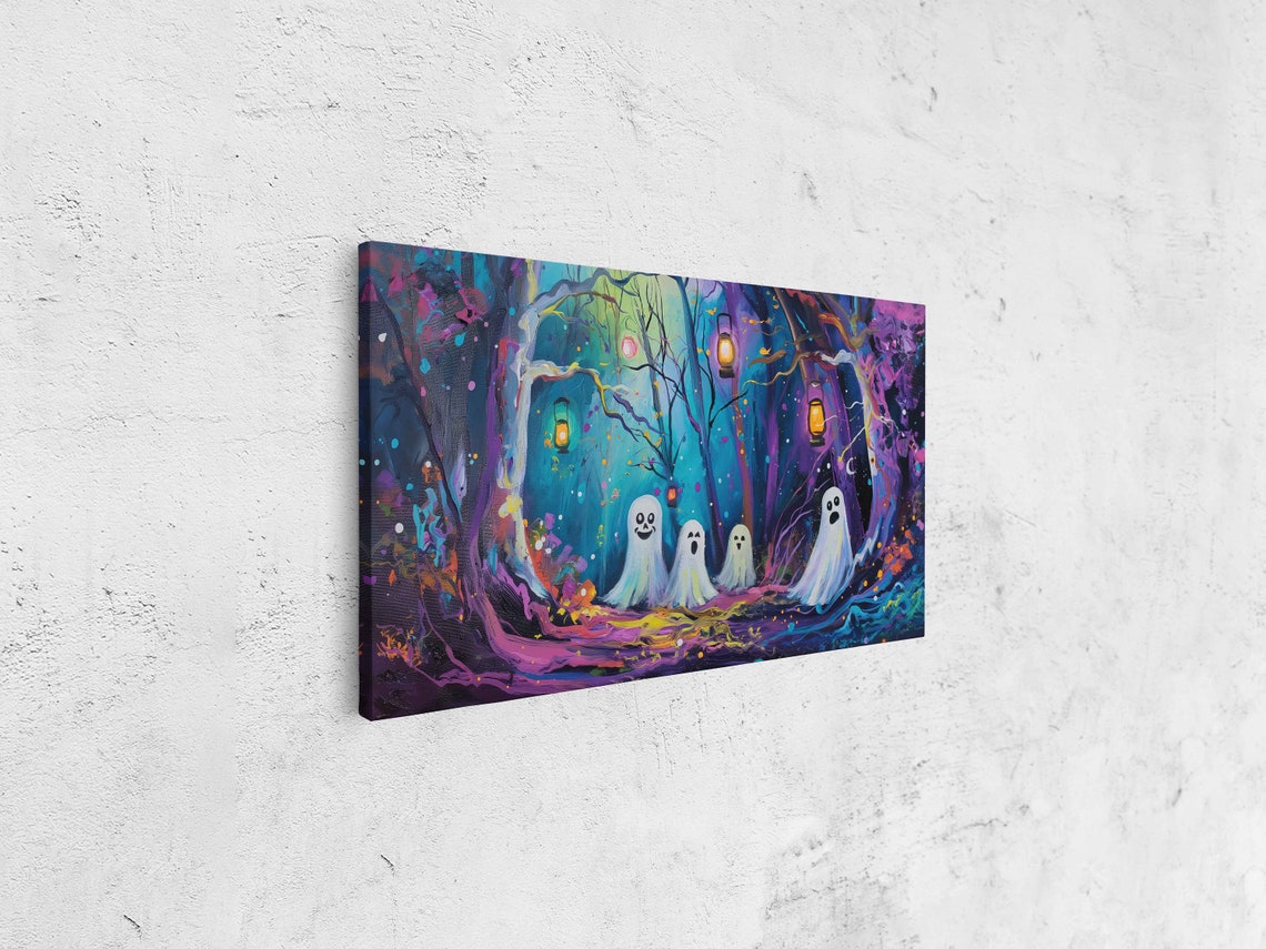 Friendly Ghosts In Neon Enchanted Forest Glowing Lanterns Poster - Image 4