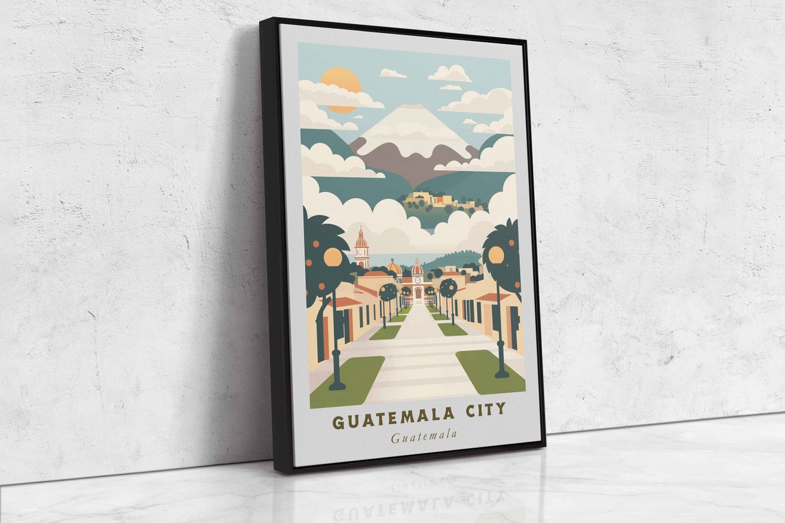 Guatemala City Volcano Colonial Avenue Sunrise Travel Poster - Image 2