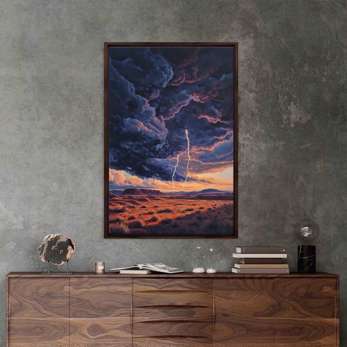 Thunderstorm Over Arizona Desert Wall Art Print Dramatic Oil Painting Lightning Impasto Technique
