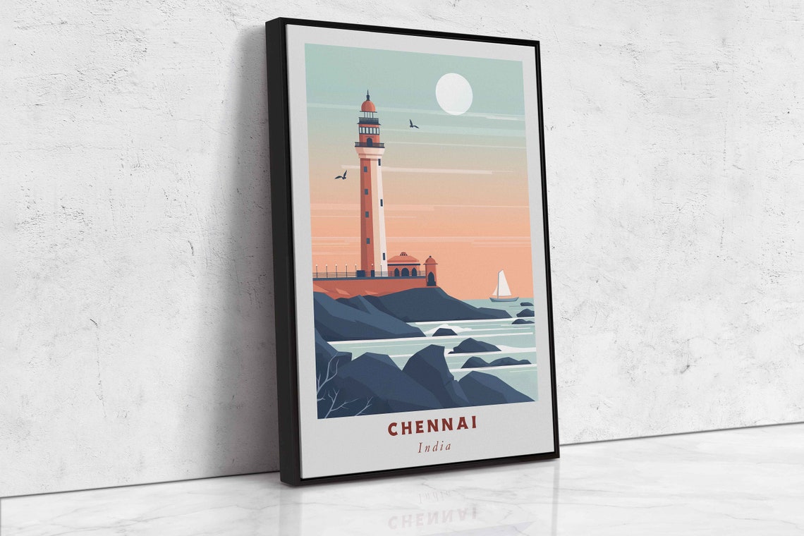 Chennai India Lighthouse Rocky Coast Sailboat Sunset Art Travel Poster - Image 2