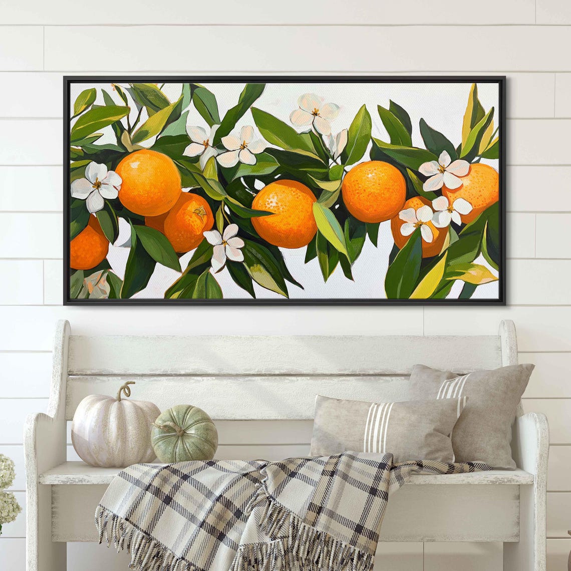 Bright Oranges White Blossoms Painterly Citrus Branch Kitchen Wall Art - Image 3