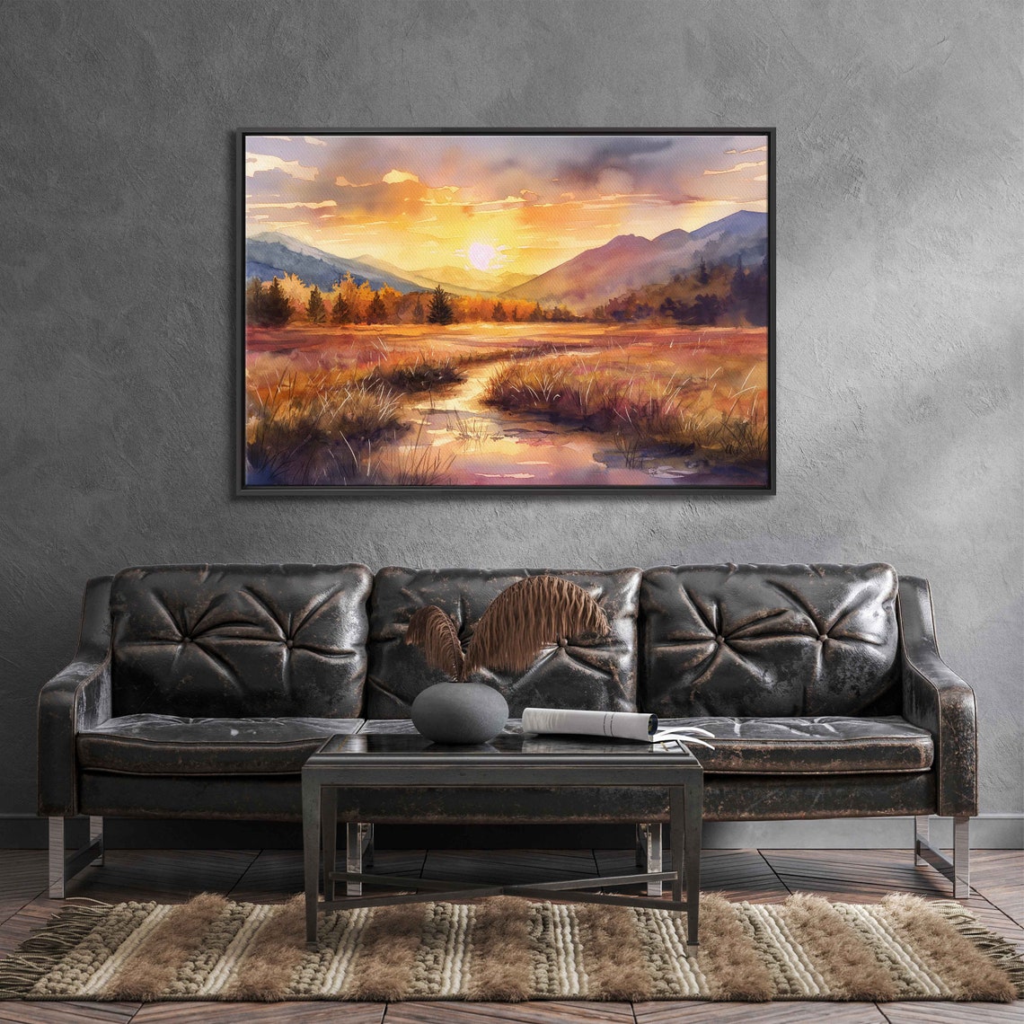 Sunset Over Autumn Meadow With Winding Creek Watercolor Poster - Image 3