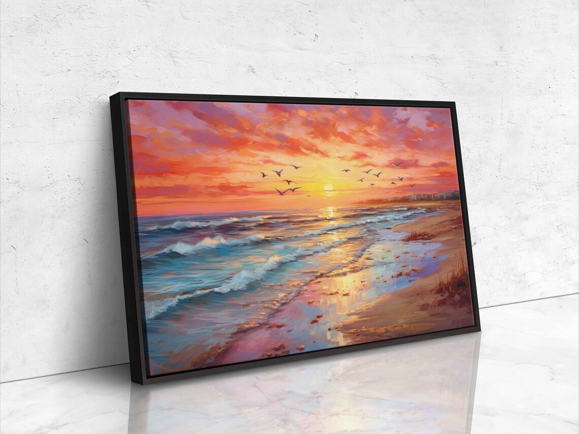 Beach Sunset Seagulls Turquoise Waves Golden Shore Painting Wall Art Poster - Image 4