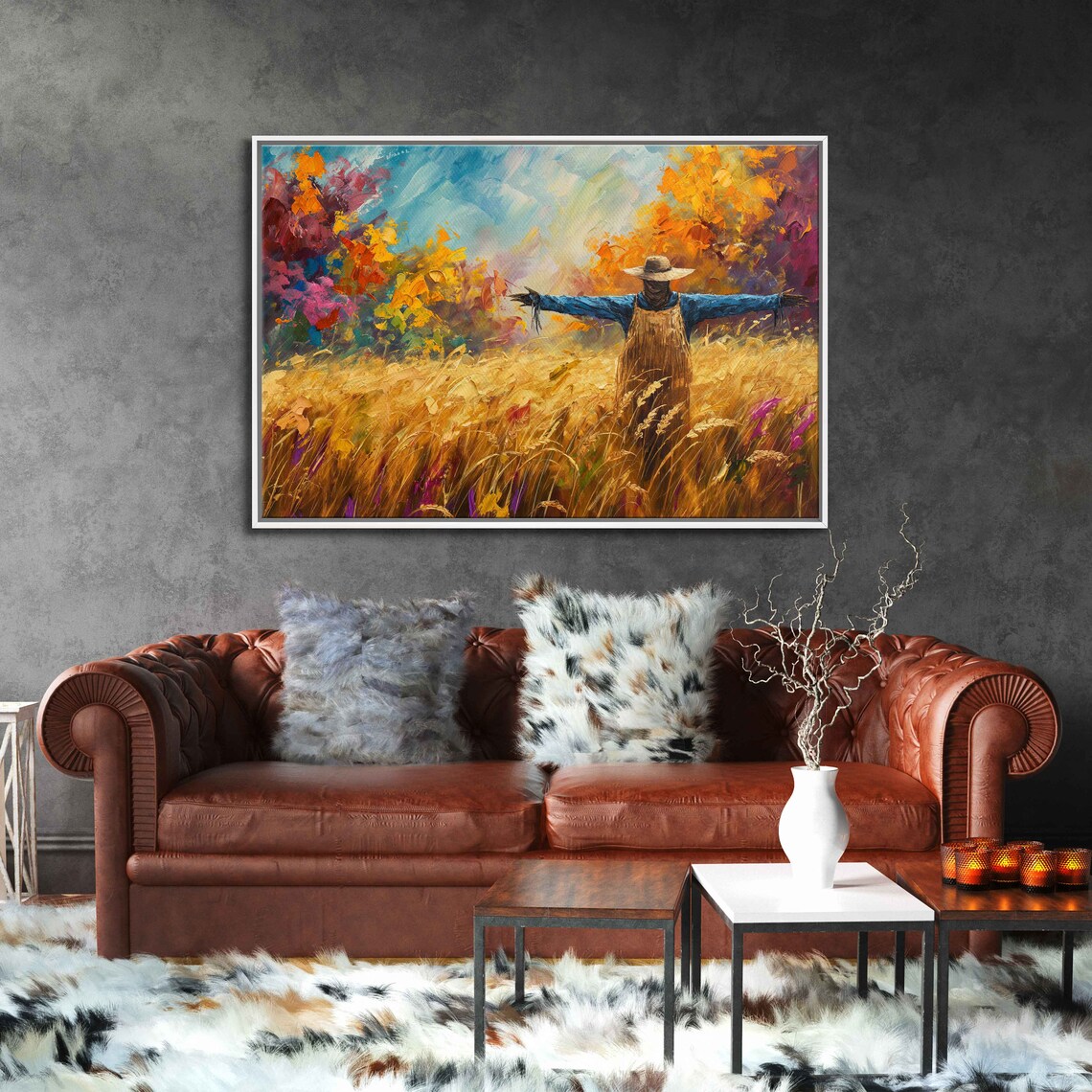 Scarecrow In Golden Wheat Field With Colorful Autumn Trees Poster - Image 3