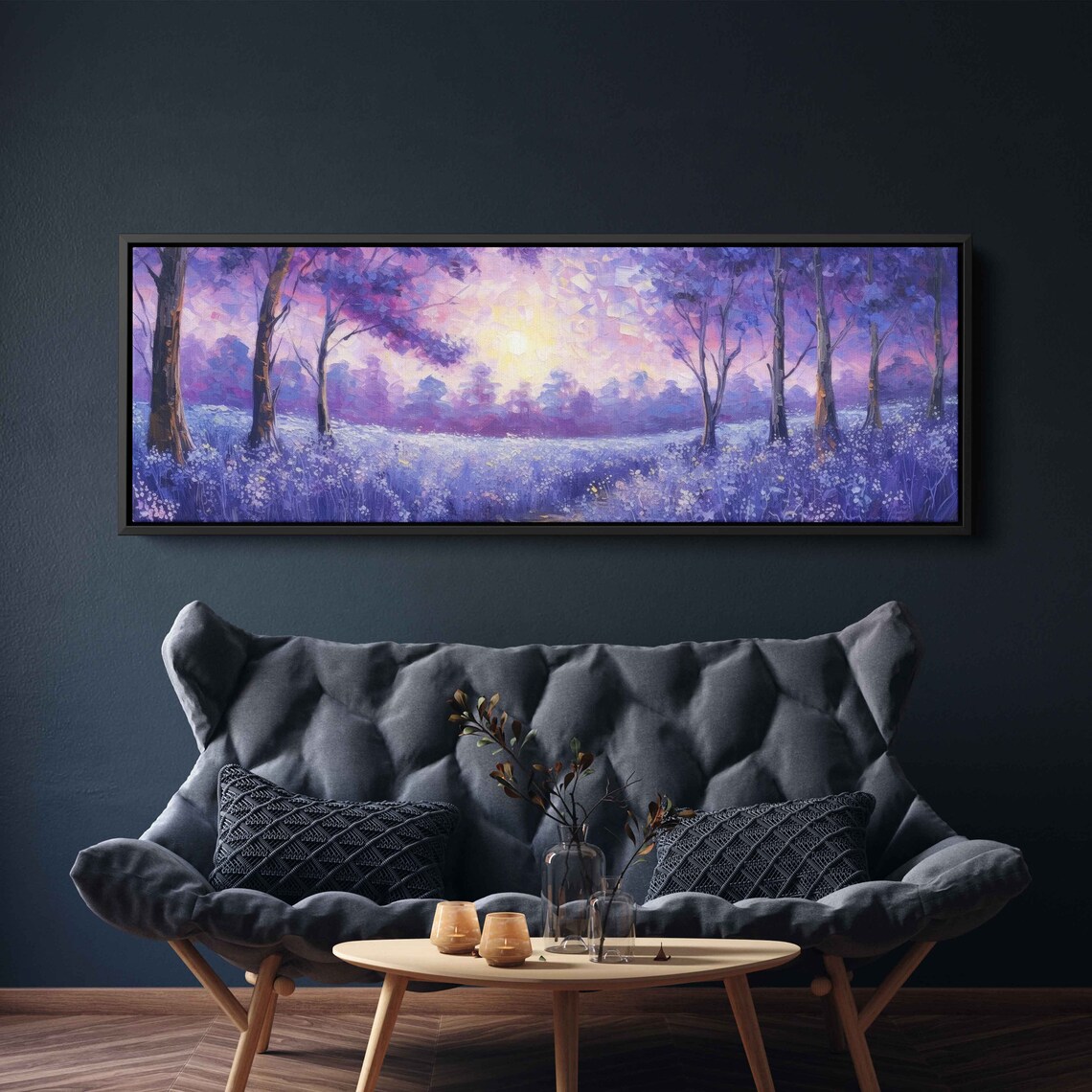 Purple Wildflower Meadow Sunrise Through Trees Impasto Painting Art Poster - Image 2