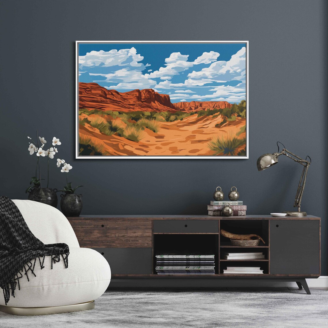 Arizona Desert Landscape Wall Art Print Red Sandstone Formations Blue Sky Realistic Style