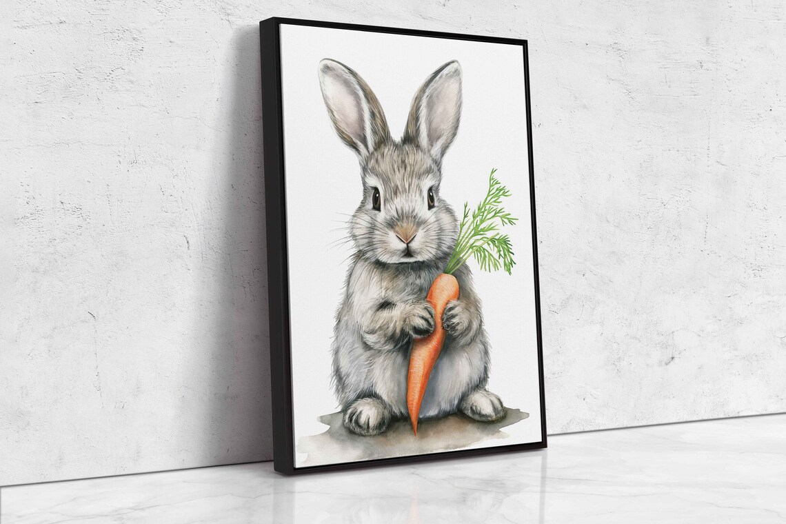 Cute Gray Baby Bunny Holding Carrot Watercolor Art Kids Room Wall Poster - Image 4