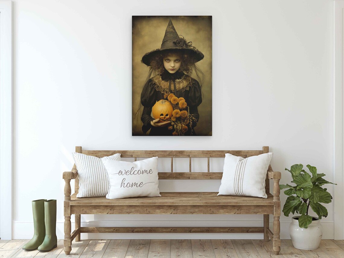Vintage Witch Girl In Hat Holding Pumpkin Spooky Portrait Art Print - Image 3