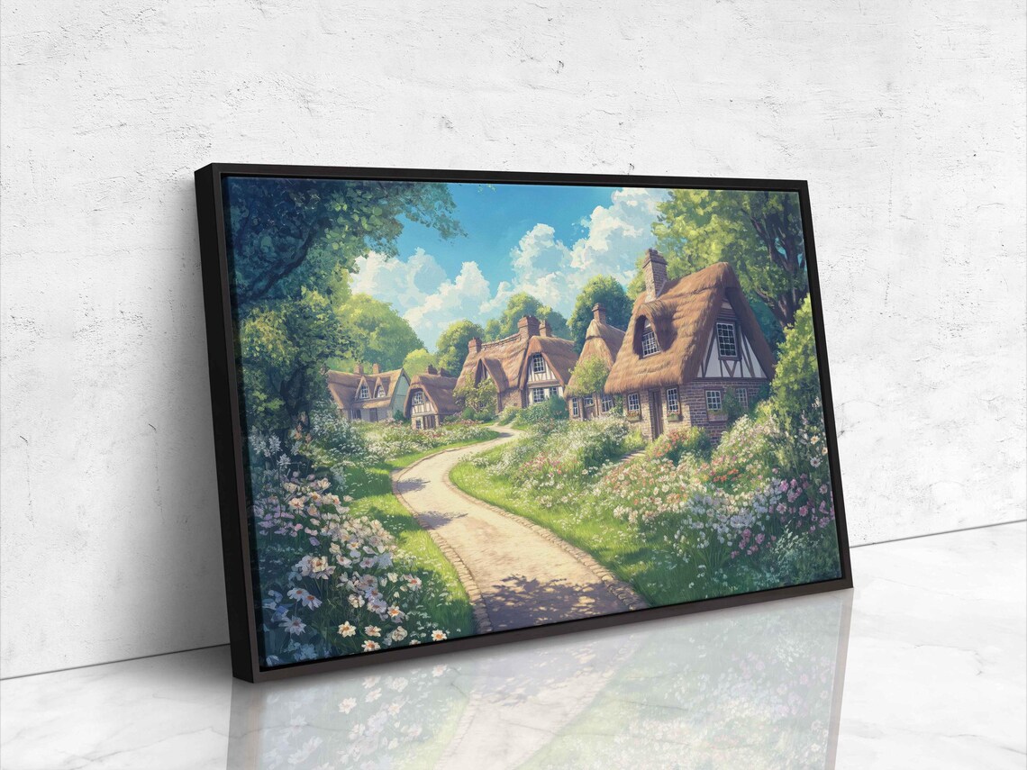Thatched Roof Village Cottages Along A Flower Lined Lane Poster - Image 4