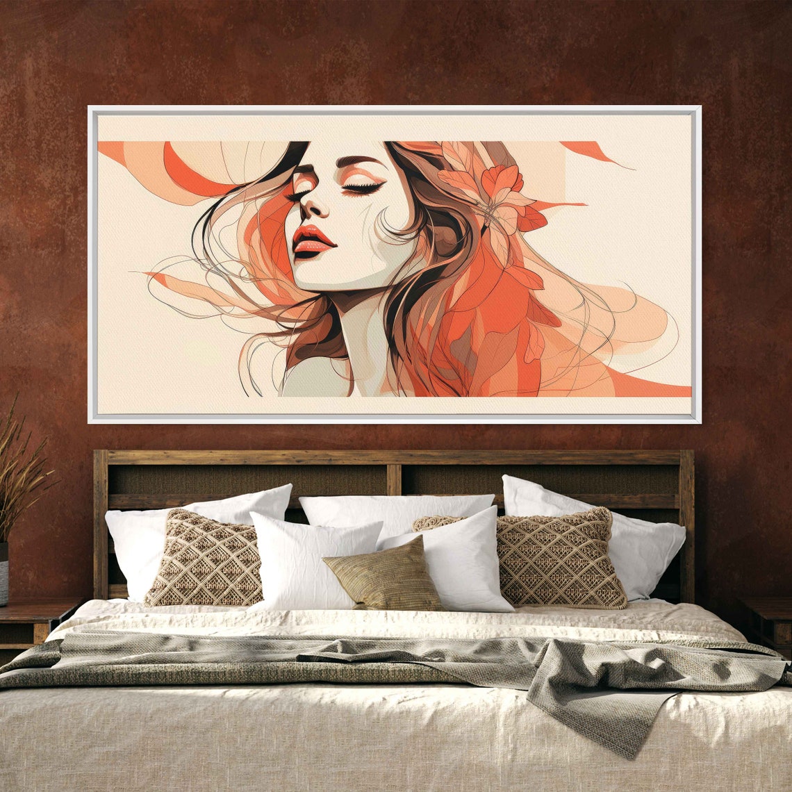 Minimalist Woman Face Line Art Flowing Hair Terracotta Boho Wall Print