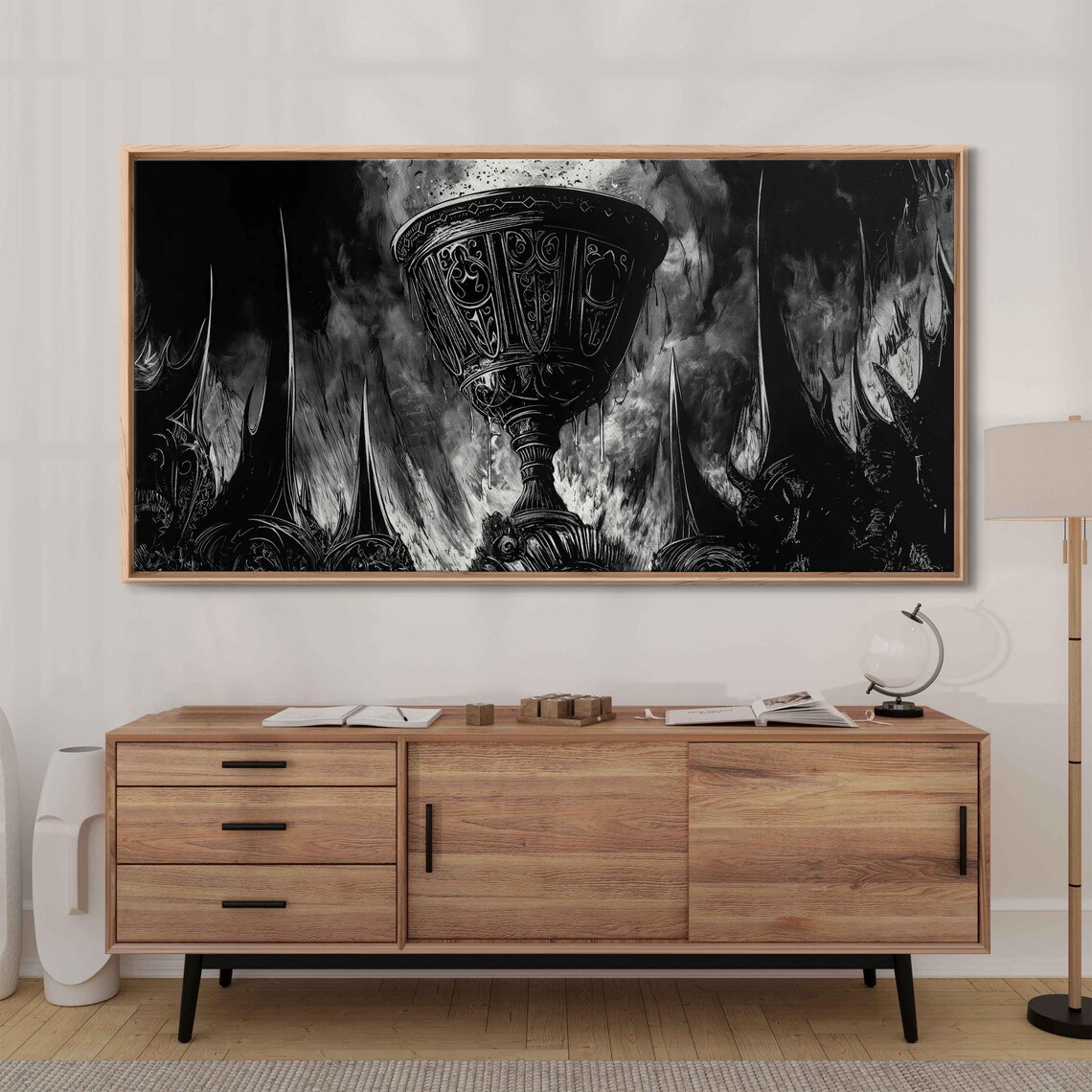 Ornate Gothic Chalice Goblet Rising From Dark Flames Ink Art Wall Poster
