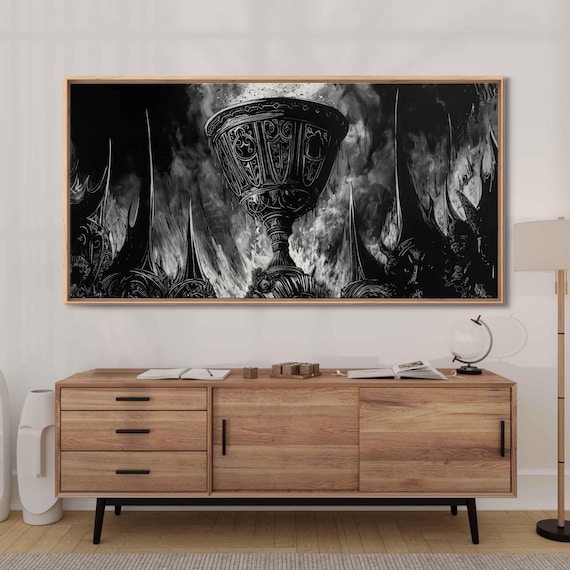 Ornate Gothic Chalice Goblet Rising From Dark Flames Ink Art Wall Poster