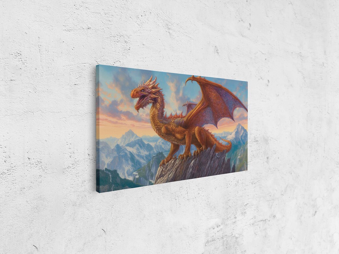 Majestic Red Dragon Mountain Peak Fantasy Creature Detailed Painting Print - Image 4
