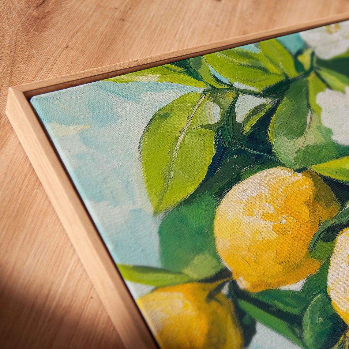 Bright Yellow Lemons With White Blossoms On Turquoise Art Print - Image 2
