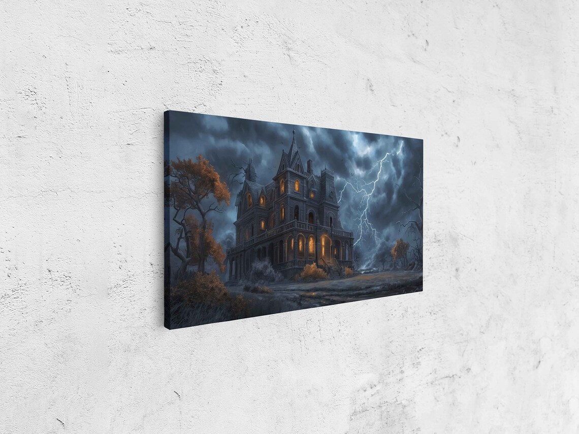 Haunted Victorian Mansion Lightning Storm Night Eerie Halloween Art Print - Image 4