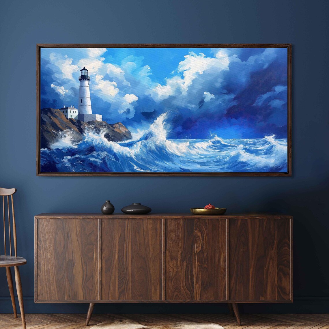 Vibrant Lighthouse Against Roaring Waves Art Print