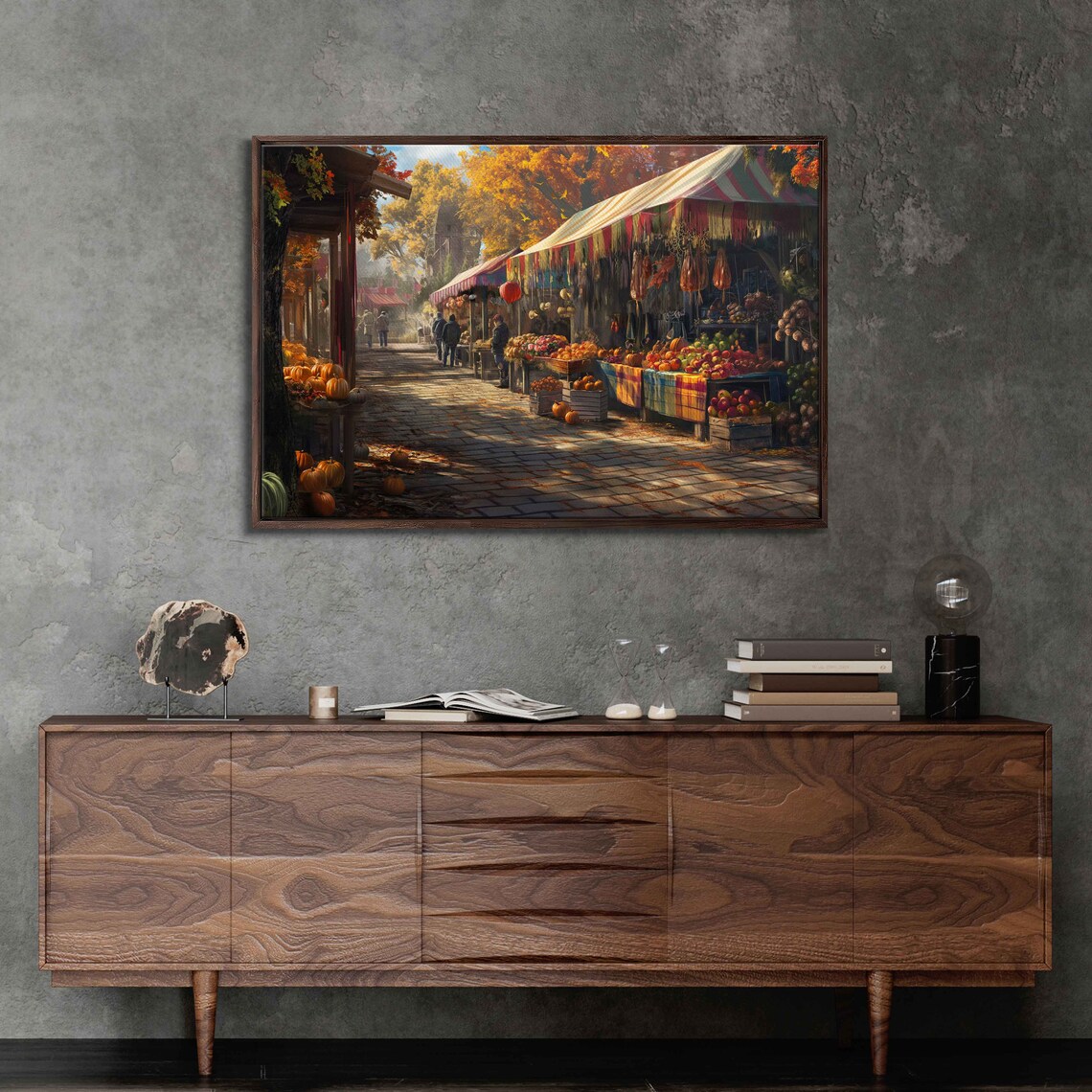 Autumn Farmers Market Cobblestone Street Harvest Stalls Festive Poster - Image 3