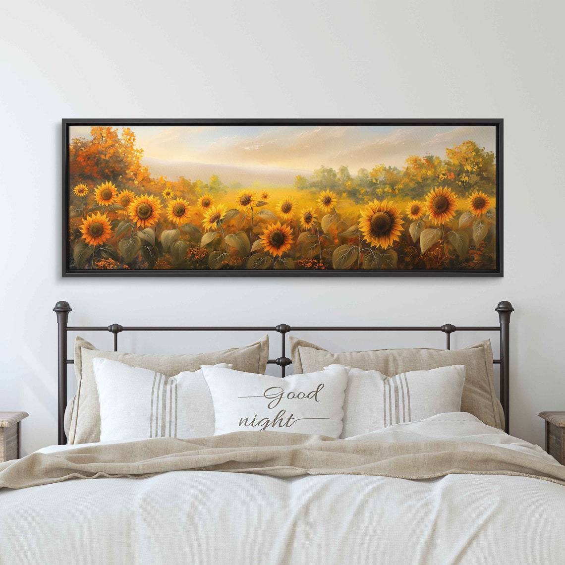 Sunflower Field With Autumn Trees Backdrop Golden Light Art Poster - Image 3