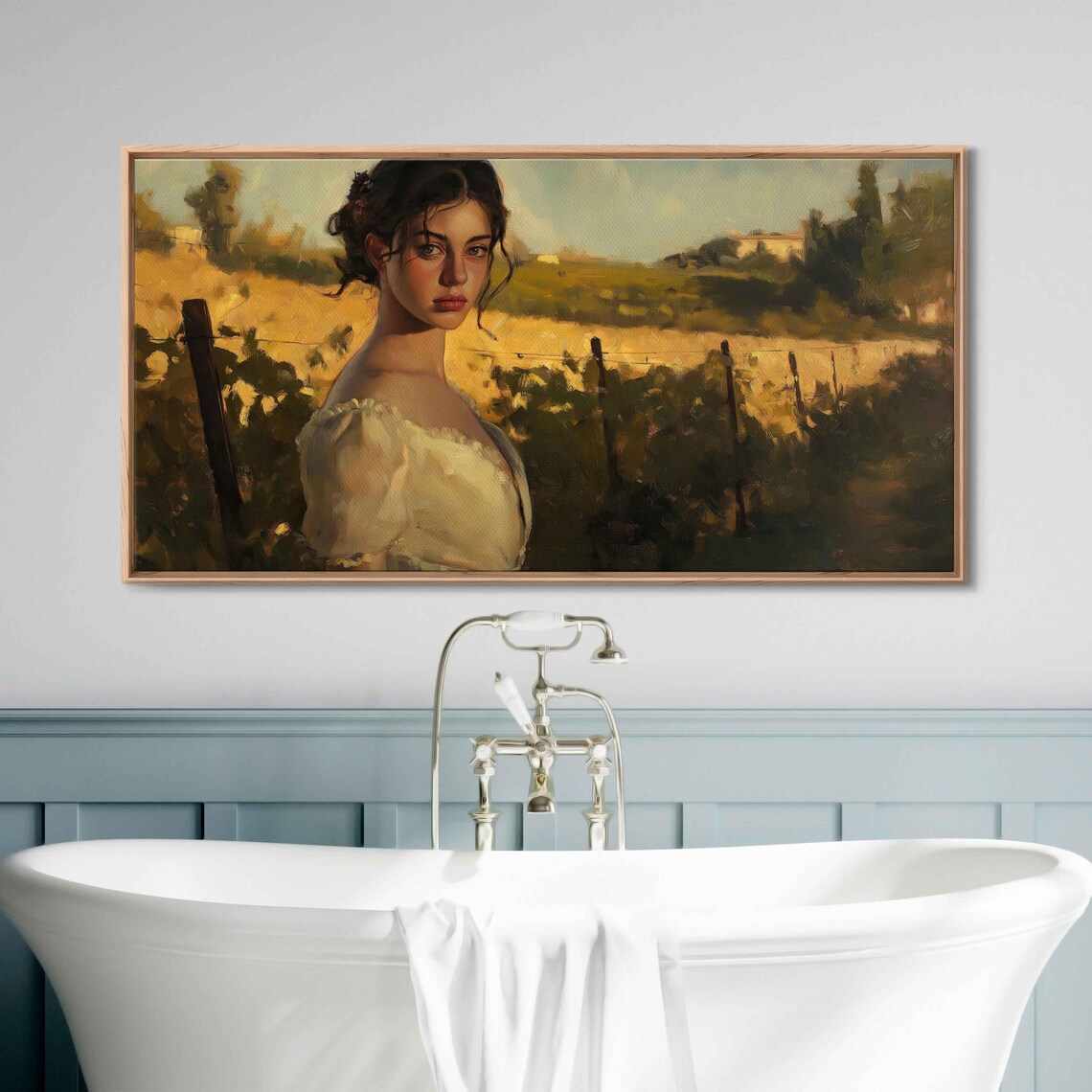 Young Italian Woman In Traditional Dress Wall Art Print Luminous Oil Painting Vineyards Background