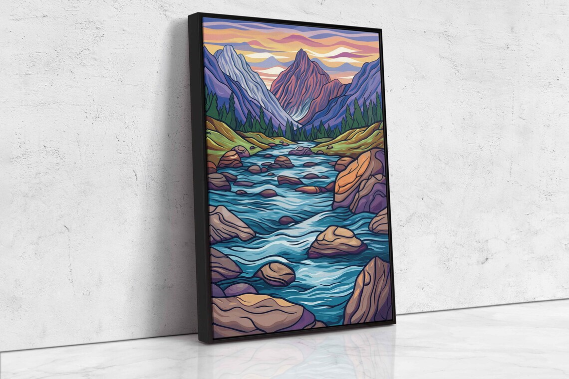 Flowing Rock River Colorful Valley Soothing Sunset Art Framed Print Ready To Hang - Image 4
