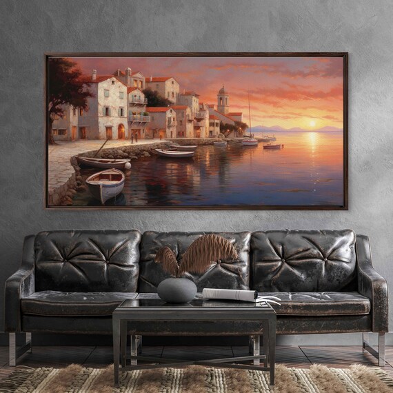 Mediterranean Harbor Sunset Sailboats Old Town Coastal Painting Travel Poster