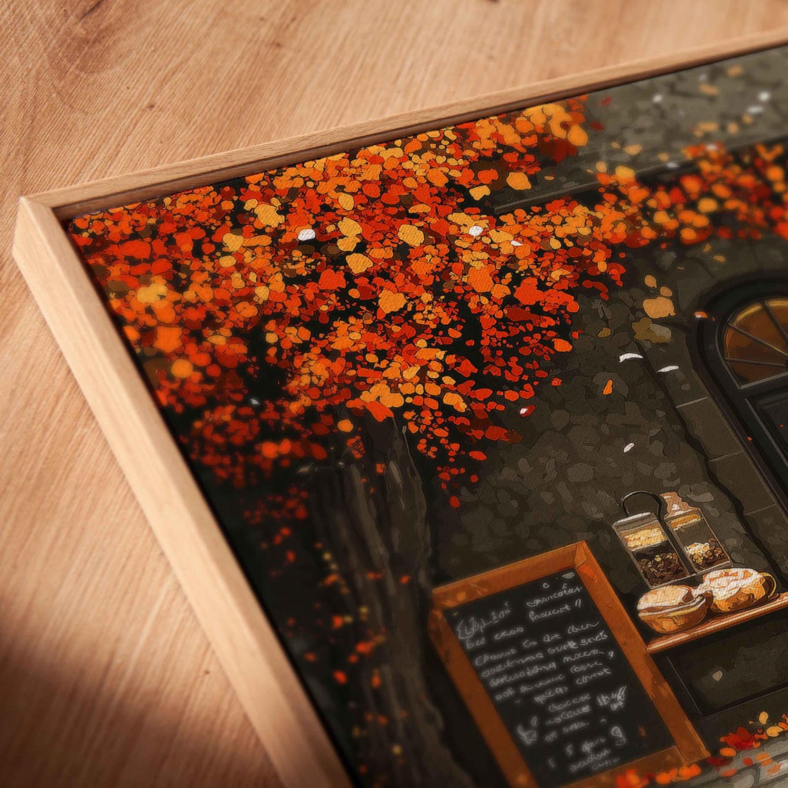 Charming Coffee Shop Storefront Autumn Foliage Red Awning Fall Poster - Image 2