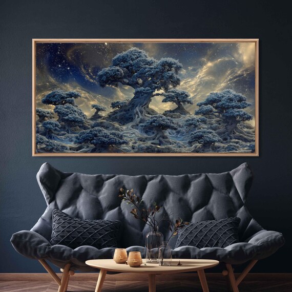 Surreal Floating Bonsai Trees Wall Art Print Mystical Orchard Under Indigo Sunset