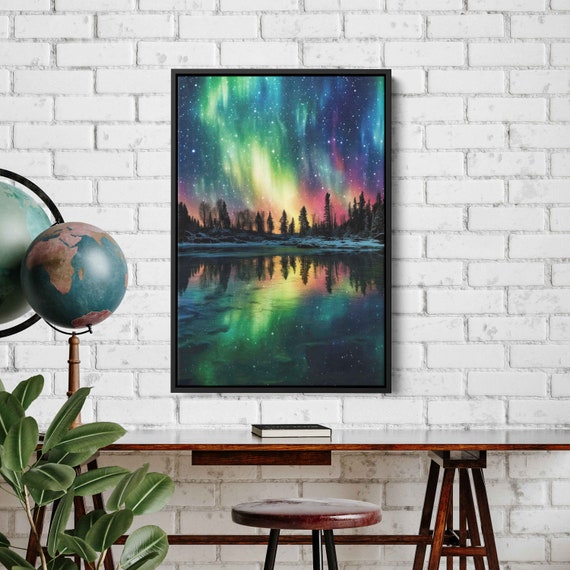 Aurora Borealis Northern Lights Neon Colors Alaskan Wall Art Framed Print Ready To Hang Starry Night Sky