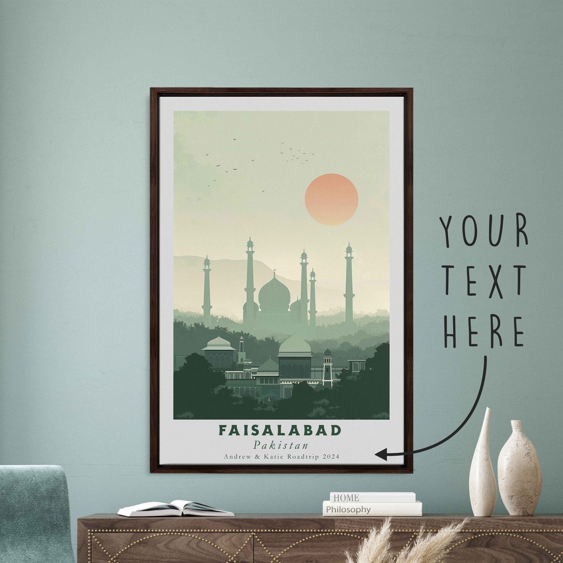 Faisalabad Pakistan Mosque Minarets Misty Sunrise Travel Poster - Image 3