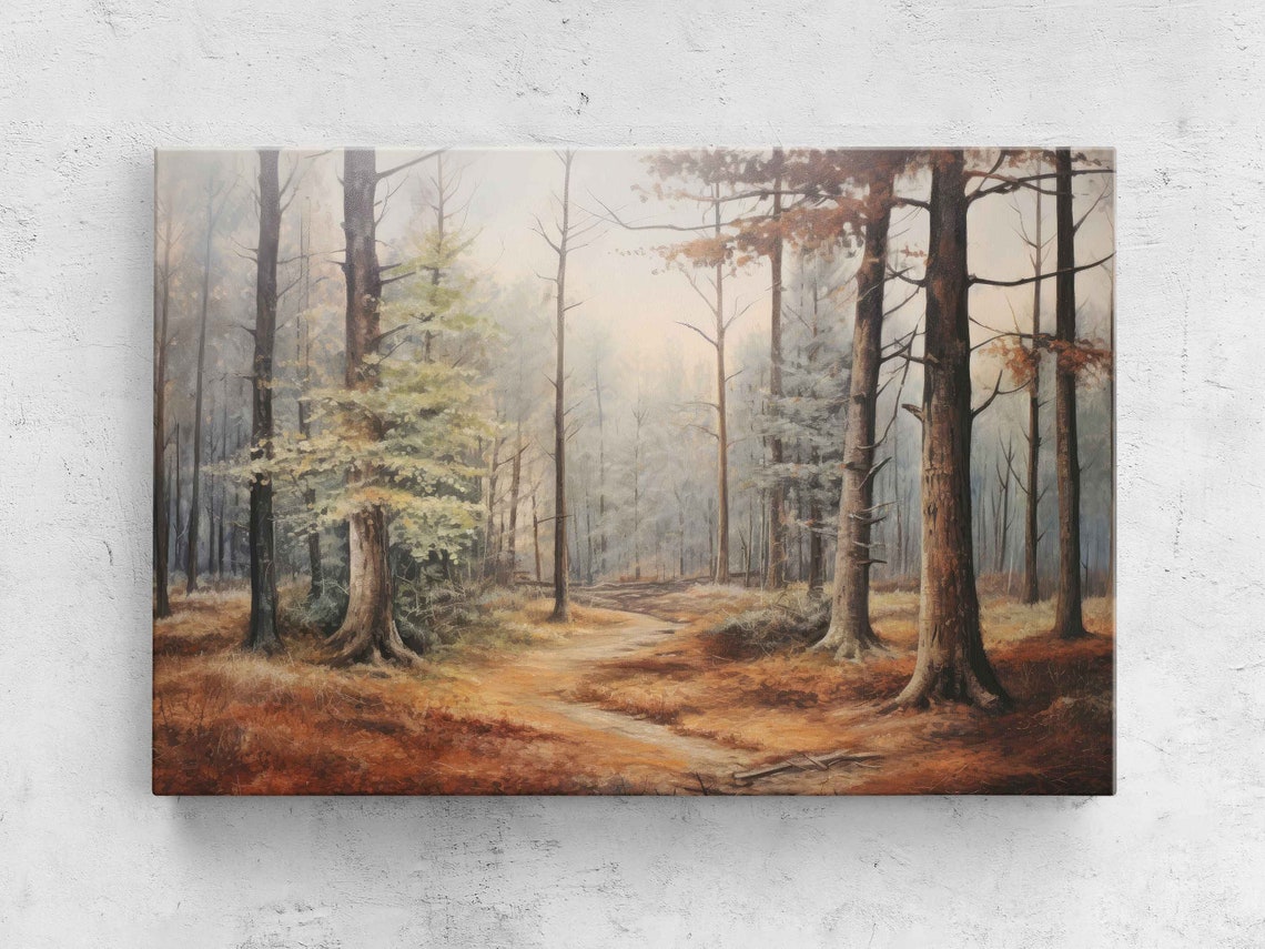 Misty Autumn Forest Path Vintage Rustic Woodland Travel Poster