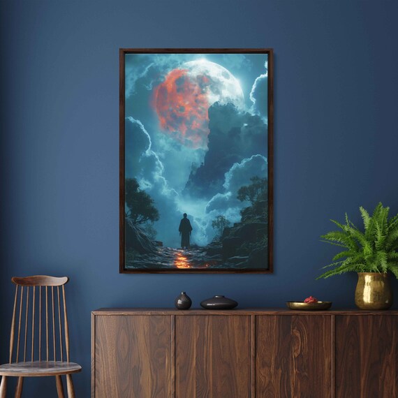 Half Blood Moon Cloudy Skies Dark Forest Silhouette Of Man Wall Art Print Ready To Hang