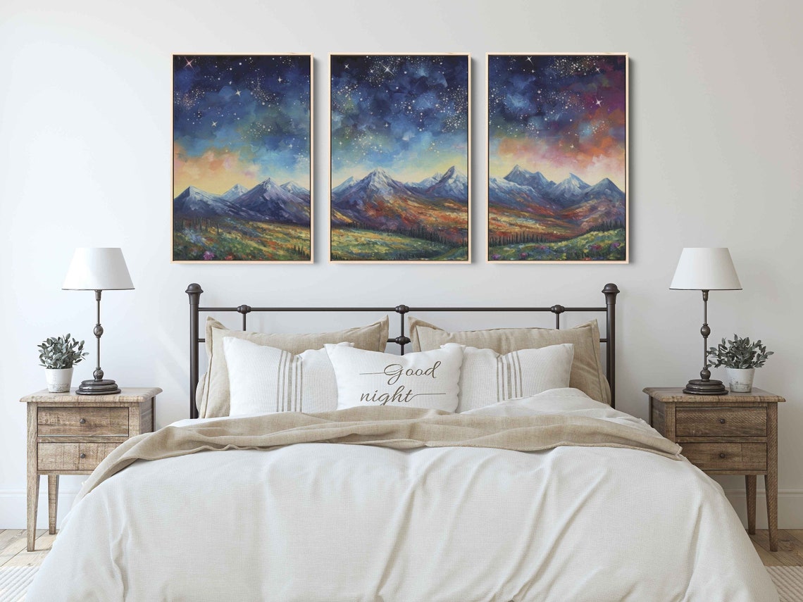 Starry Night Mountains Triptych Colorful Peaks Celestial Wall Art - Image 3