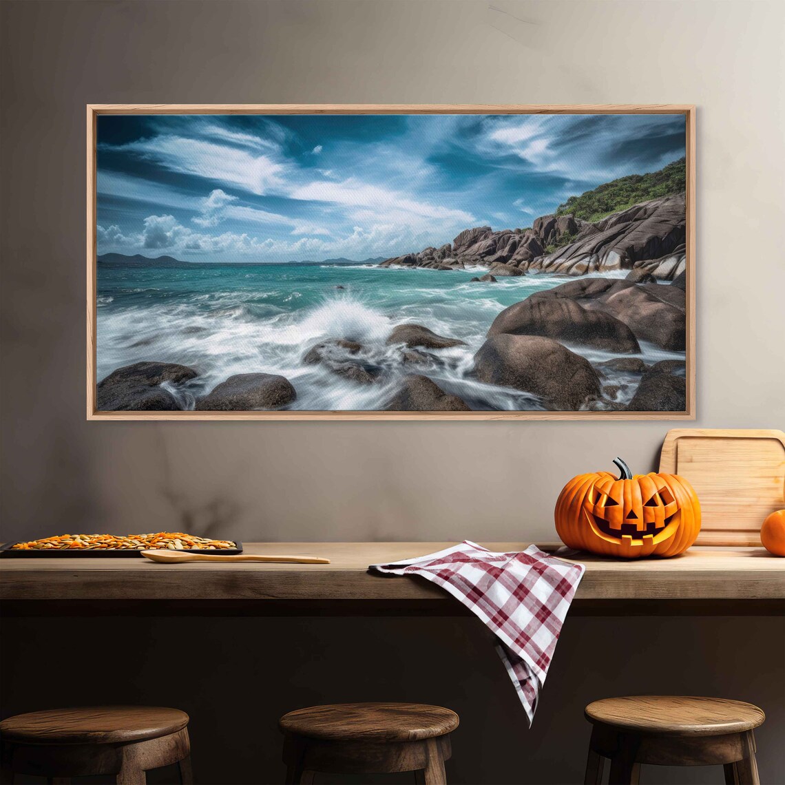 Granite Boulder Coastline Crashing Turquoise Waves Dramatic Clouds Seascape Poster - Image 2