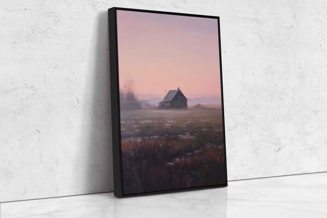 Misty Farmhouse Sunset Pink Heather Moorland Silhouette Wall Art - Image 4
