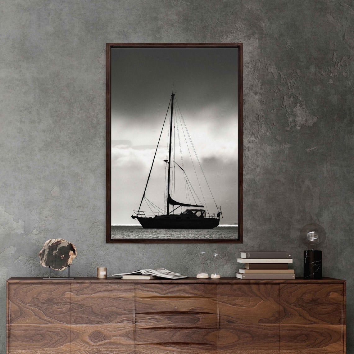 Anchored Sailboat Silhouette Moody Monochrome Nautical Photo Print - Image 3