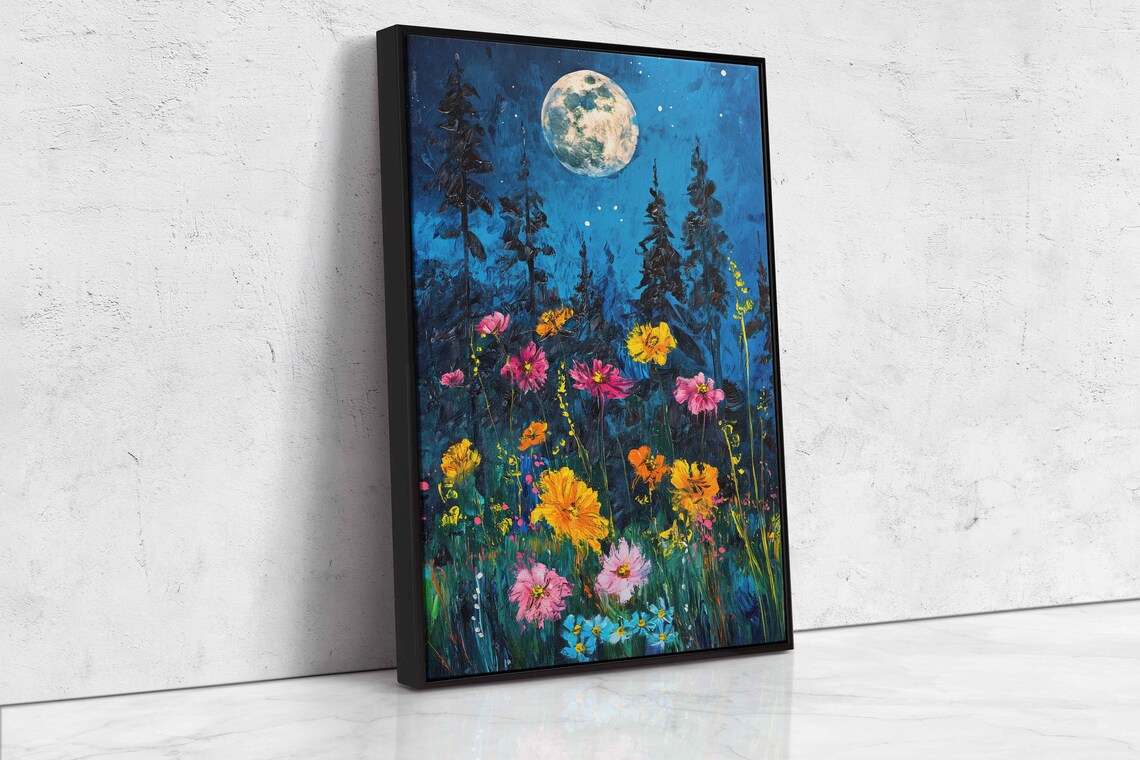 Full Moon Pink Cosmos Wildflowers Starry Night Garden Painting Art Poster - Image 4