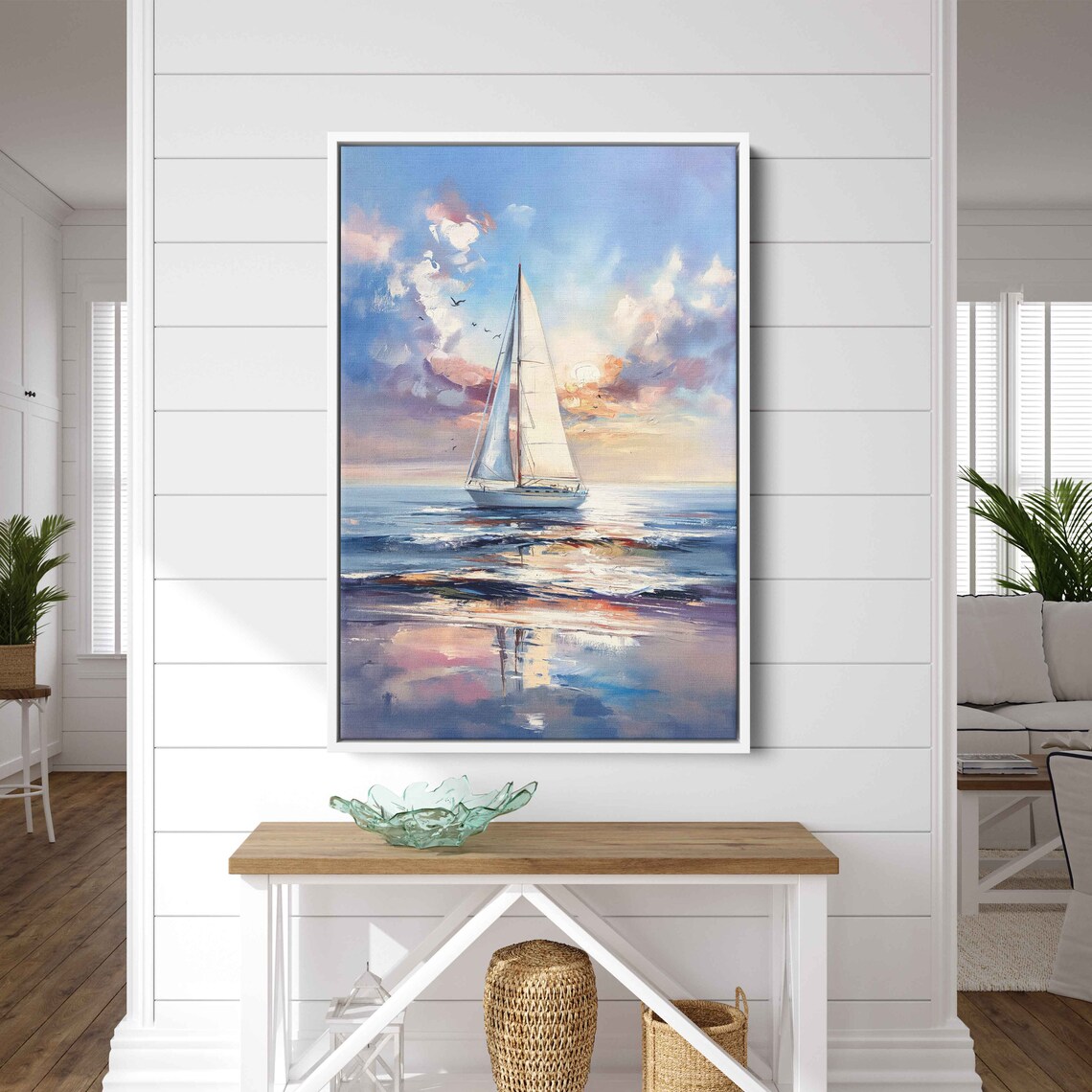 Sailboat Sunset Calm Reflective Water Pink Clouds Seascape Painting Print - Image 2