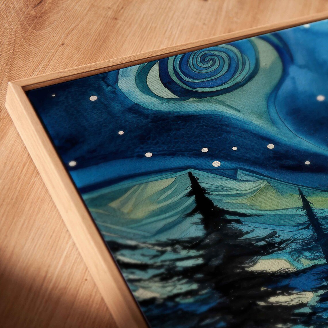 Starry Night Northern Lights Swirls Over Snowy Pine Forest Wall Art Poster - Image 2