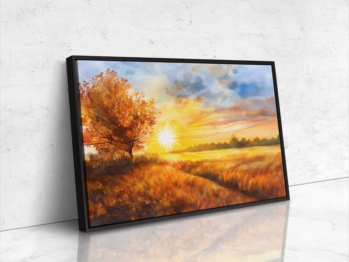 Lone Autumn Tree In Golden Meadow At Sunset Watercolor Art Poster - Image 4
