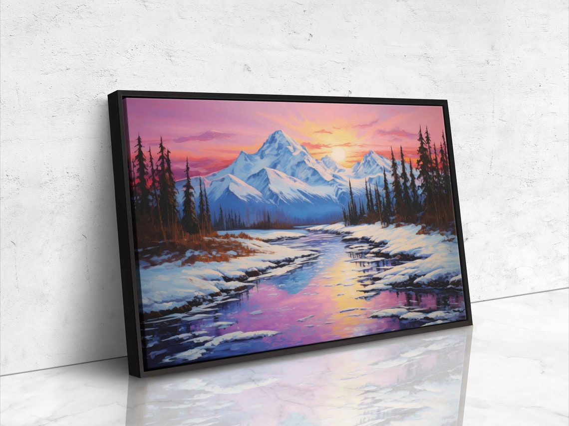 Talkeetna Alaska Winter River Snowy Mountains Pink Sunset Wall Print - Image 4