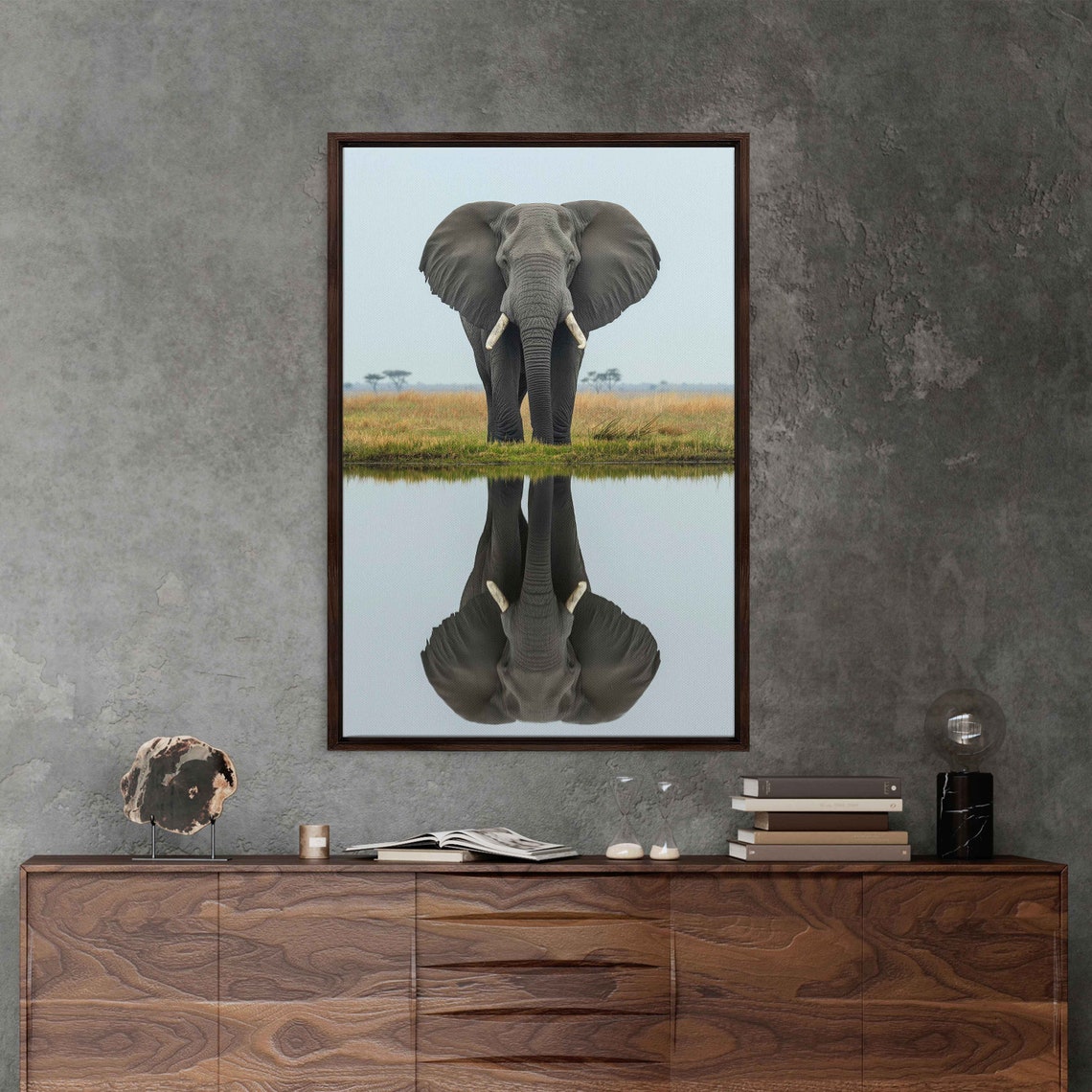 African Elephant With Reflection In Water Wildlife Art Print - Image 3