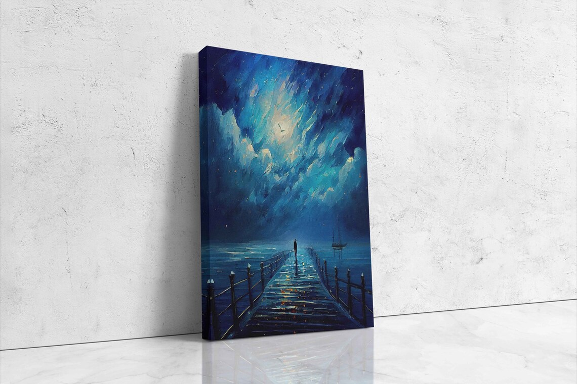 Moonlit Night Beach Pier With Lone Figure Clouds And Sailboat Art Poster - Image 4