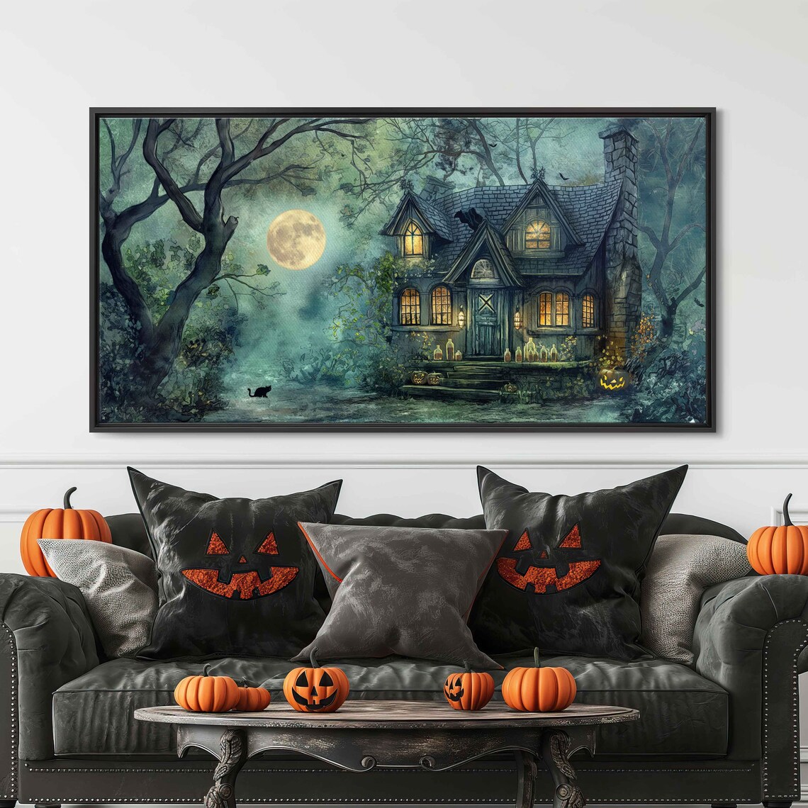 Haunted Stone Cottage In Moonlit Woods With Black Cats And Jack O Lanterns Poster