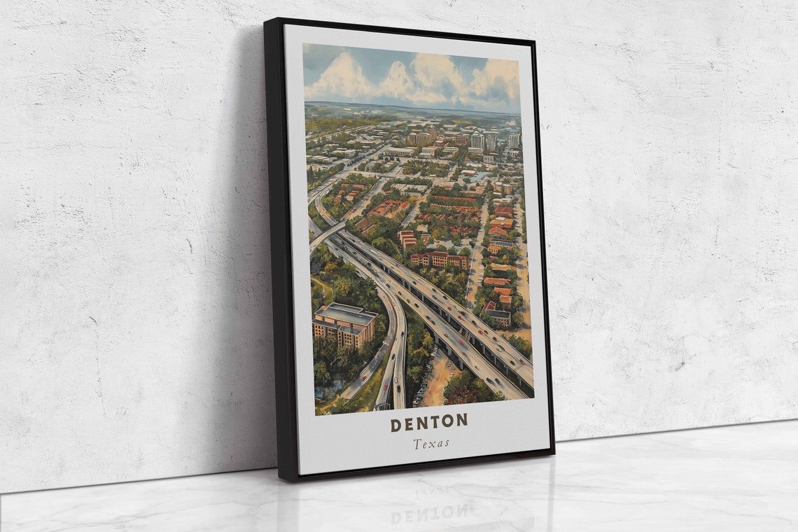 Denton Texas Highway Interchange Aerial Cityscape Travel Poster - Image 2