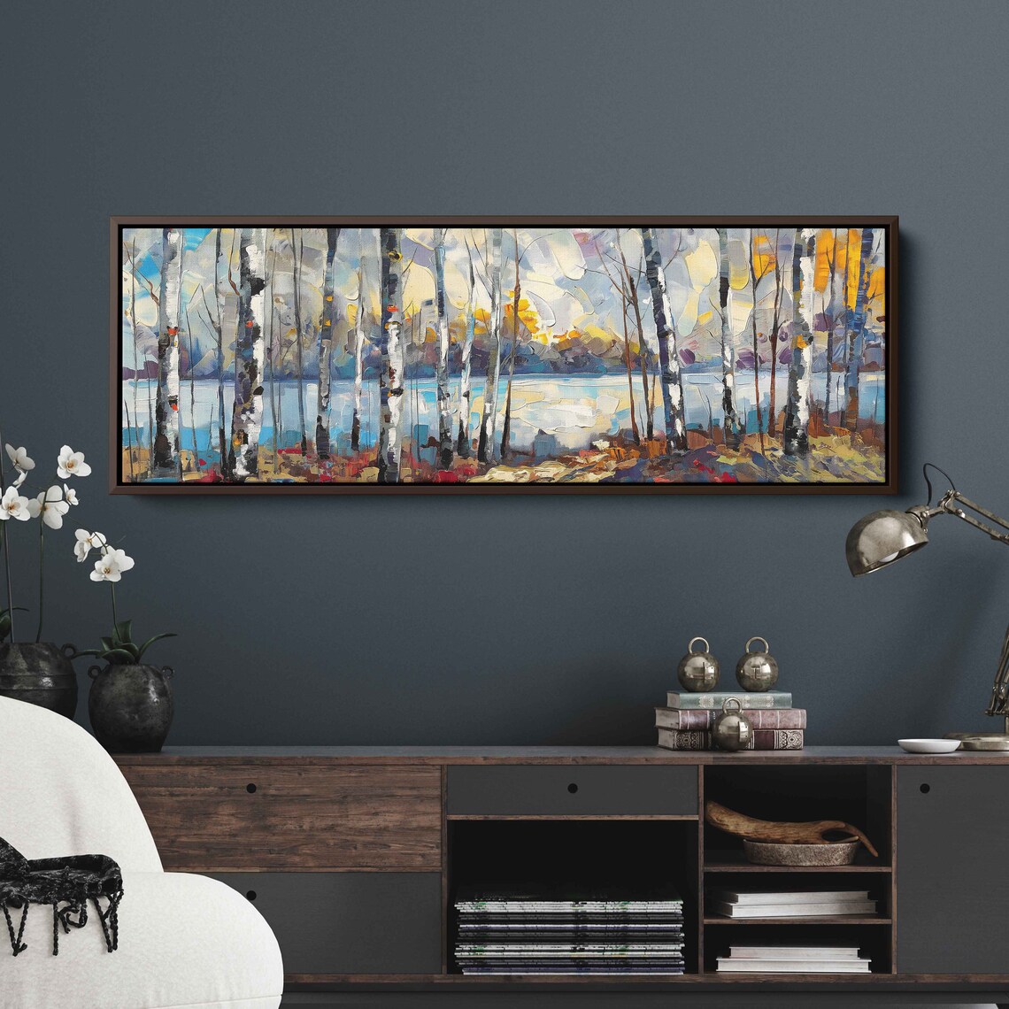 Birch Trees Lined Up Panoramic Acrylic Wall Art Print Impressionist Art Tiny Branches Gift For Naturalist Ready To Hang - Image 3