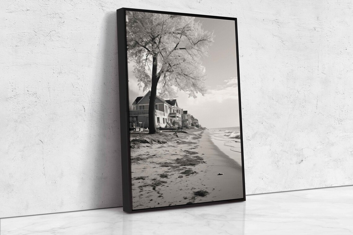 Grayscale Beach Houses Sandy Shoreline Rolling Waves Black White Photo Print - Image 4