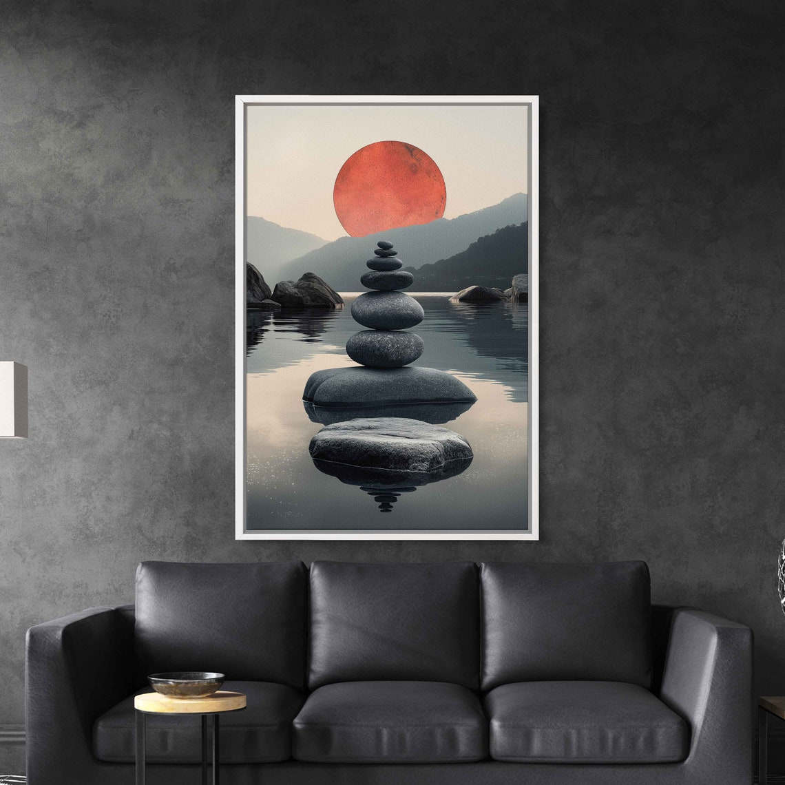 Zen Stacking Stones Red Sun Calm Lake Reflective Meditation Art Poster - Image 2
