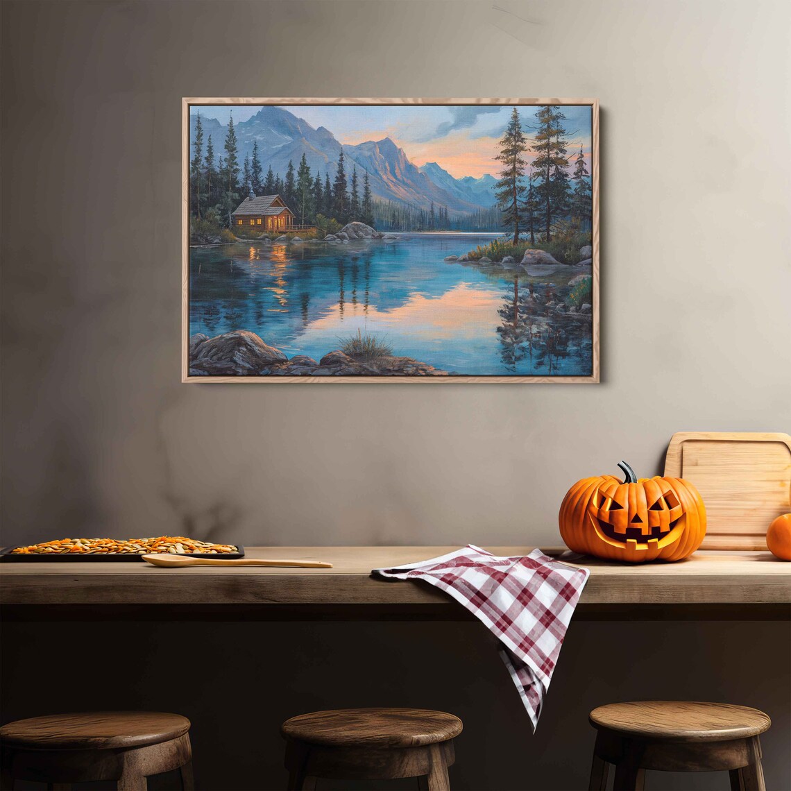 Log Cabin on Mountain Lake at Dusk, Art Print - Image 3