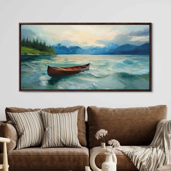 Lone Canoe On A Lively Lake Wall Art Print Dynamic Oil Painting Vibrant Nature Scene
