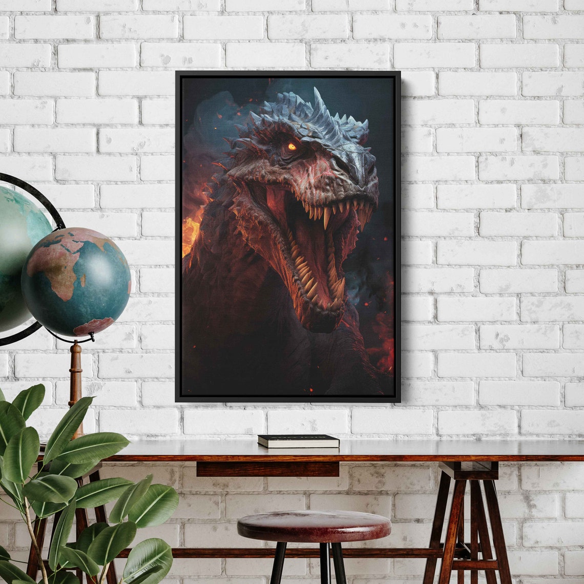 T-Rex Roaring Head On Dark Fiery Night Dinosaur Fantasy Art Poster